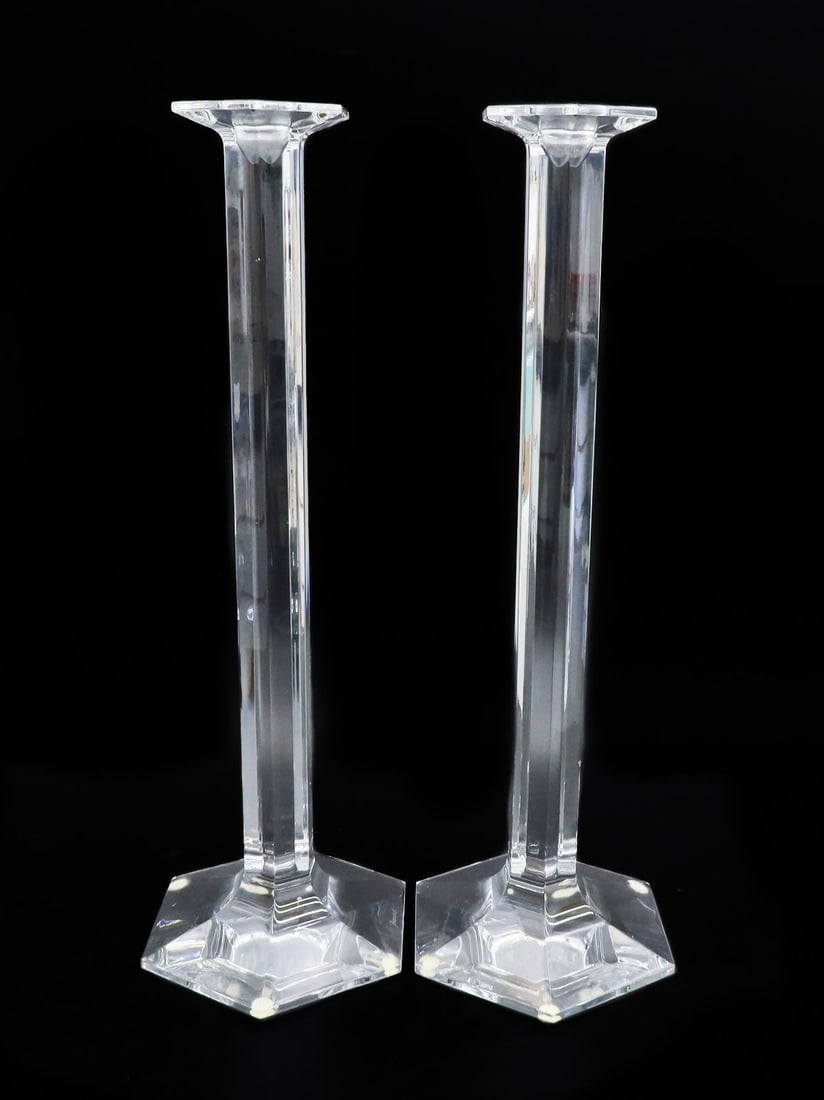 Baccarat France Crystal Glass Hexagonal 17.5 in Pillar Candlestick Signed: Baccarat France crystal glass hexagonal lobed 17.5 inch pillar candlestick. Baccarat mark to underside base. Weight: Approx. 10 lbs Measurements: Approx. 6.5 inches diameter x 17.5 inches tall