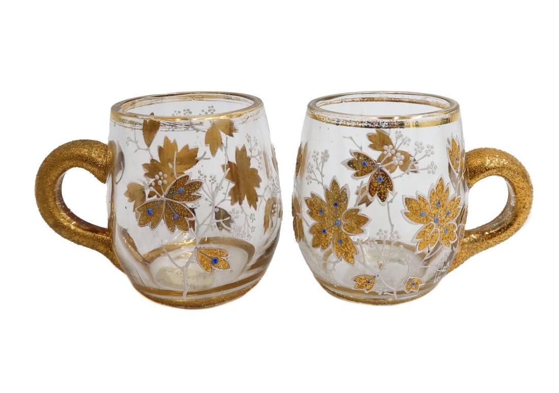 Moser Glass Leaves and Jeweled Gilt Handled Punch Cups circa 1940 (1 of 8)