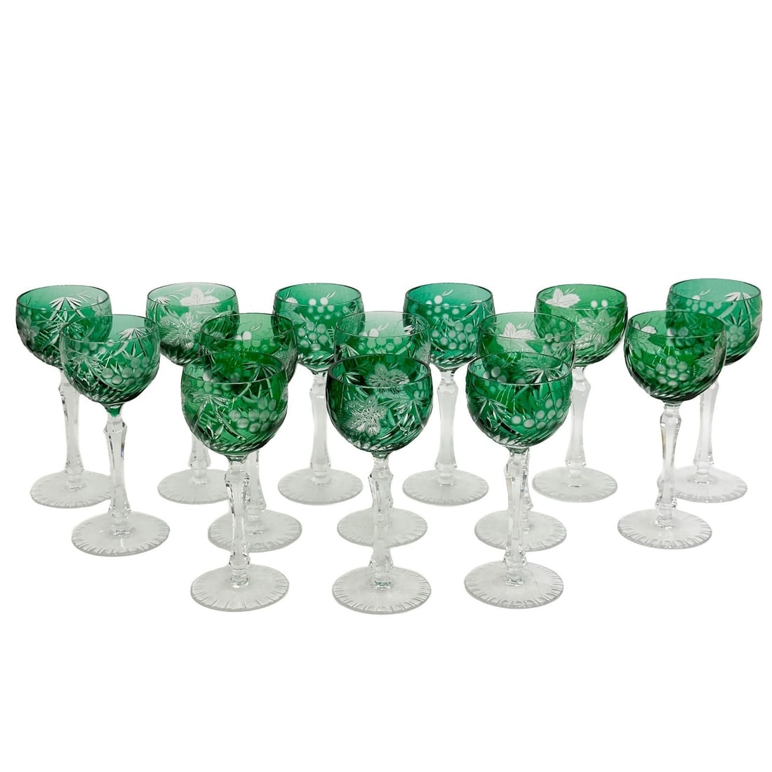 14 Bohemian Green Cut to Clear Wine Goblets Grapevine: 14 Bohemian Green Cut to Clear Glass Wine Goblets. Green cut to clear grapevine decoration to the glasses. Apparently unmarked. Mild variation to height and thickness of glasses as made.