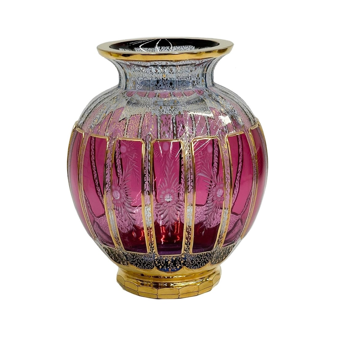 Moser Large Cranberry Red Cut to Clear Cabochon Engraved Gilt Glass Vase: Large Cranberry Red Cut to Clear Cabochon Glass Vase, attributed to Moser. Panels of cranberry red to the sides, gilt accents. Engraved floral decoration to the sides. Apparently unsigned. Weight: App