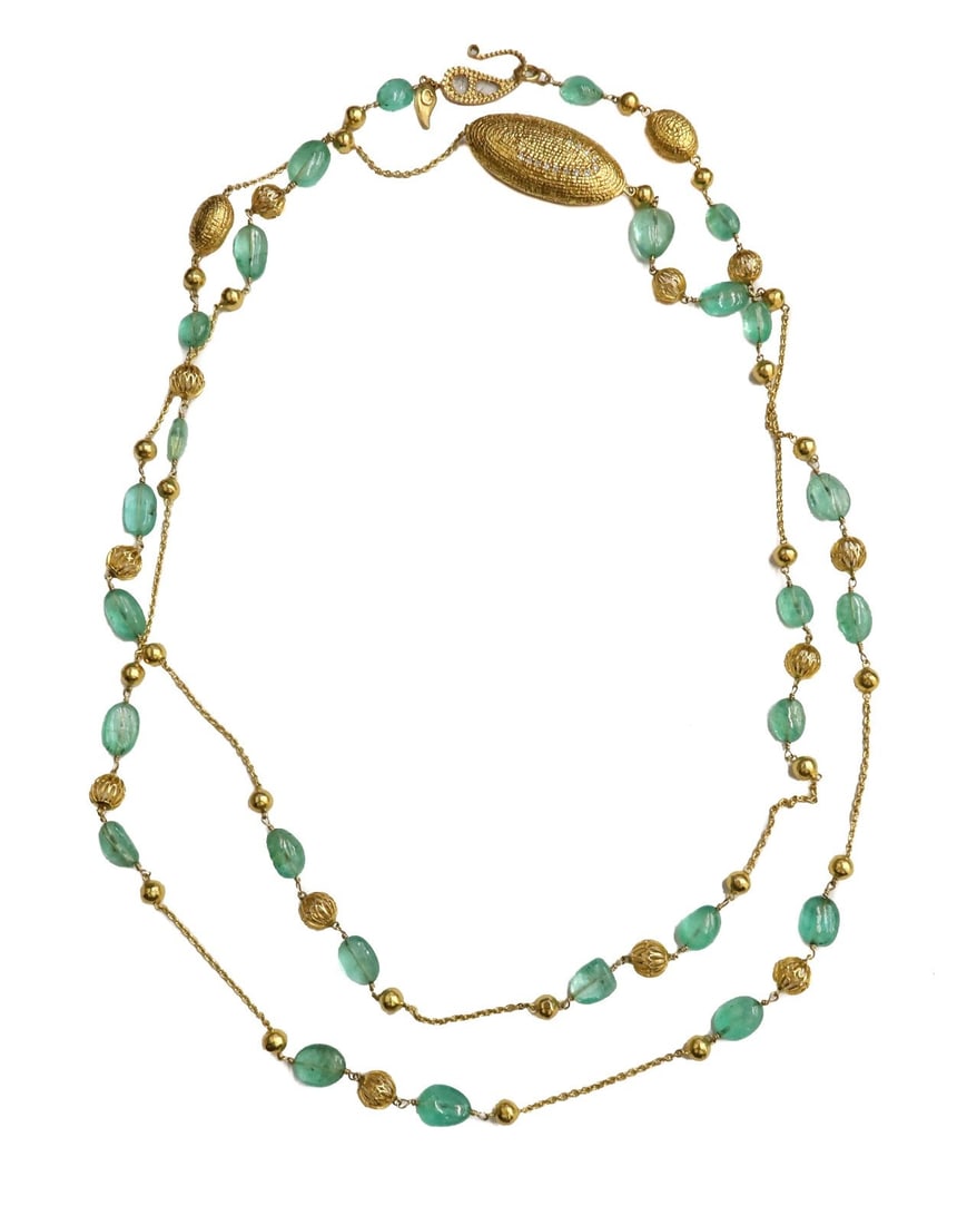 Coomi 20k Yellow Gold Diamond and Emerald Beaded Necklace: Coomi 20k yellow gold diamond and emerald beaded necklace. Oval cut emeralds throughout with oval, solid and open round gold spacers. Brilliant round cut diamonds to the largest oval spacer weighing a