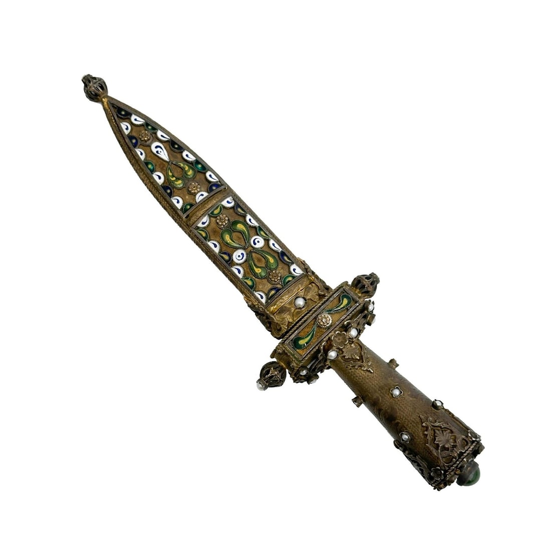 Austrian Gilt Silver Enameled Pearl Mounted Sheathed Dagger Knife Vintage: Vintage Austrian Gilt Silver Sheathed Dagger or Knife. Gilt silver sheath with enamel decoration, mounted pearls. Engraved curved steel blade within. Apparently unmarked, silver acid-tested for around