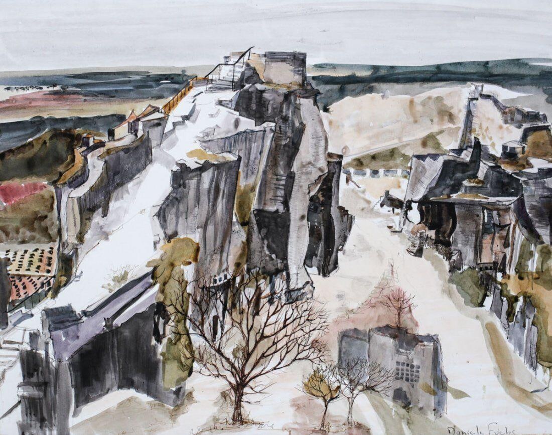 Daniele Fuchs French 1931 - 2013 Watercolor Painting on Paper village cityscape: Daniele Fuchs (French, 1931-2013) Watercolor on Paper, village cityscape. A small village in winter at a fork in the road. Signed Daniele Fuchs (lower right) 4lbs. Danièle Fuchs is one of those artis