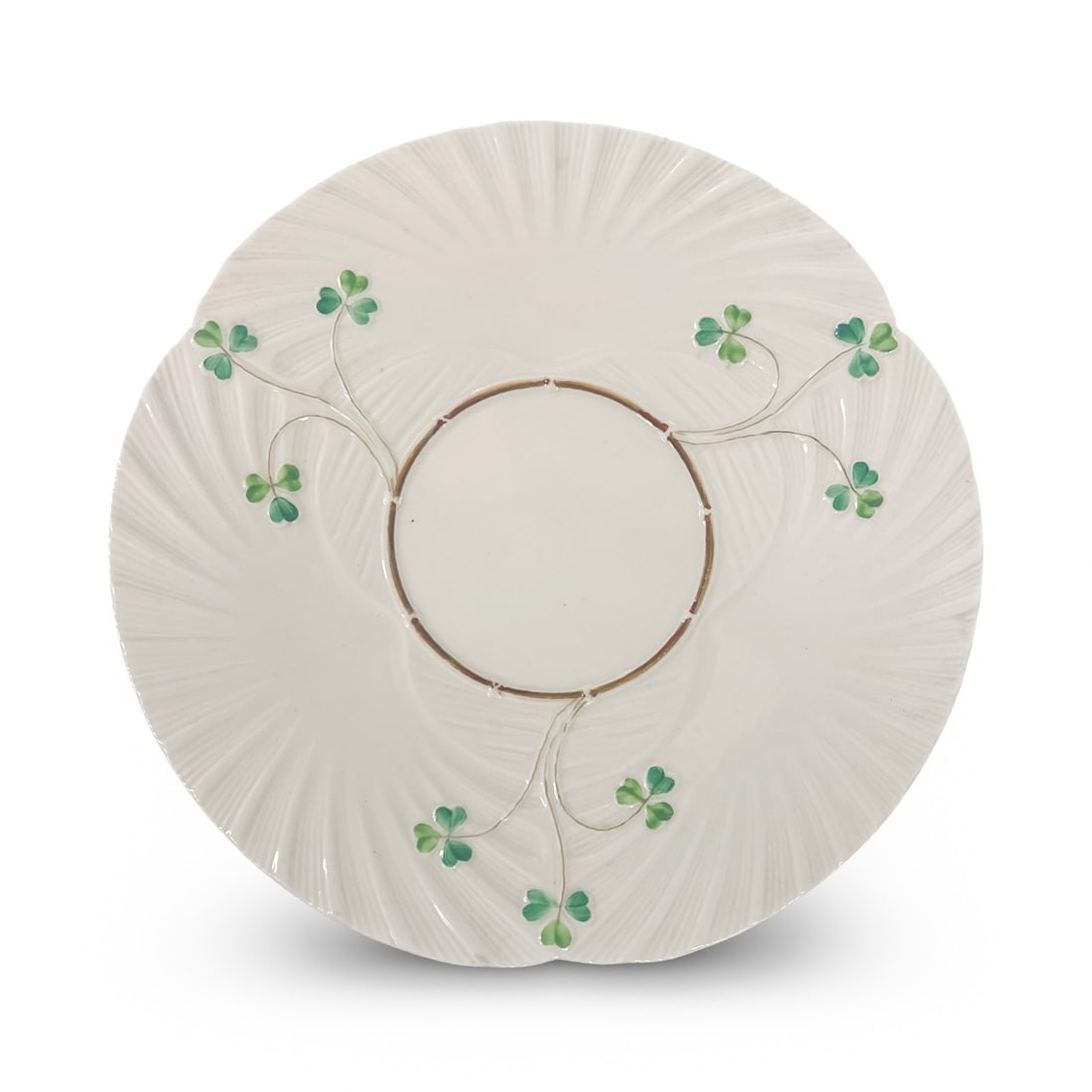 8pc Set Belleek Pottery HARP SHAMROCK Plates 9 3/4" c1926-46 Blk Mark: 8pc Set Belleek Pottery HARP SHAMROCK Luncheon / Dinner Plates, Third black makers mark (1926-46) on the underside. Rare size. Measurements: Approx. 9.75 inches diameter Condition: Great condition, no