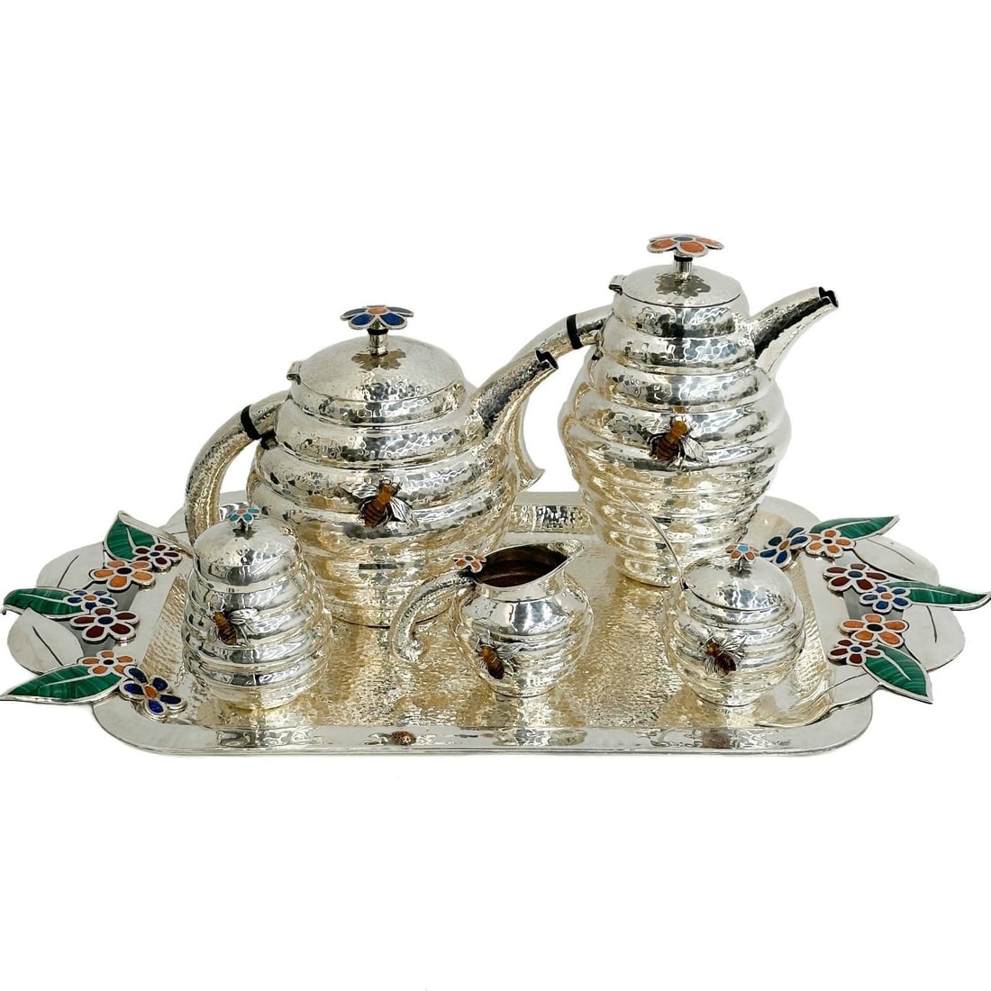 Emilia Castillo Silver Mounted Semi Precious Stones Mixed Metal Tea Coffee Set: Emilia Castillo Mexico Sterling Silver & Mixed Metal Tea and Coffee Set, Mounted Semi-precious Stones. Set includes teapot, coffee pot, creamer, lidded sugar bowl with spoon, silver lidded silverplate