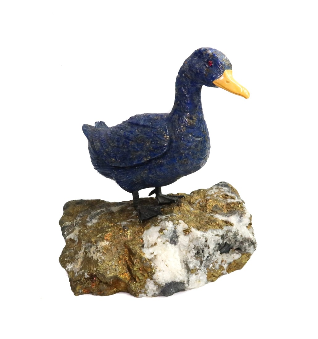 Idar-Oberstein German 800 Silver Lapis Lazuli and Ruby Eyed Duck Figurine: Idar-Oberstein German 800 silver Lapis Lazuli and ruby eyed duck figurine. Mounted on a pyrite base. Marked 800 to feet with a a butterfly maker mark, possibly Idar-Oberstein. Weight: Approx. 362.41 g