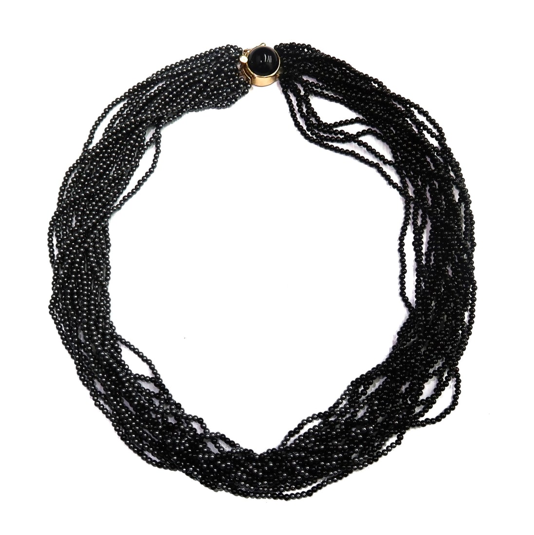14k Yellow Gold Black Onyx and Hematite Twisted Torsade Multi Strand Necklace: 14k yellow gold black onyx and hematite twisted torsade multi strand necklace. 15 strand beaded necklace comprising of black onyx and hematite measuring around 2.22mm. Marked 14k to clasp. Weight: App