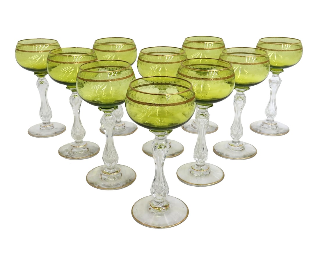 10 Saint (St.) Louis Chartreuse Green and Gilt Wine Hock Goblets circa 1930 (1 of 7)