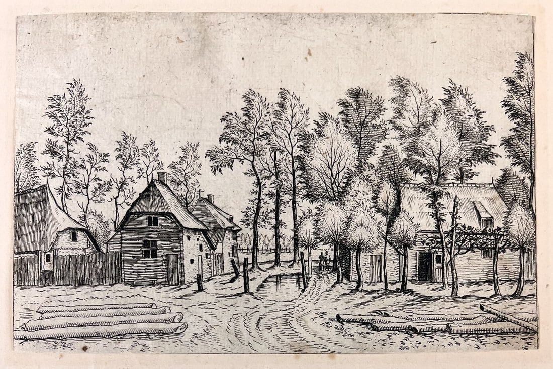 Johannes & Lucas van Doetecum Village c1560 Master of the Small Landscapes: Johannes van Doetecum I (Netherlands, 1528/32 -1605) Lucas van Doetecum (Netherland active 1554–72 - c1589) a very rare etching on laid paper, title - a Village Scene; from Regiones et villæ rustic