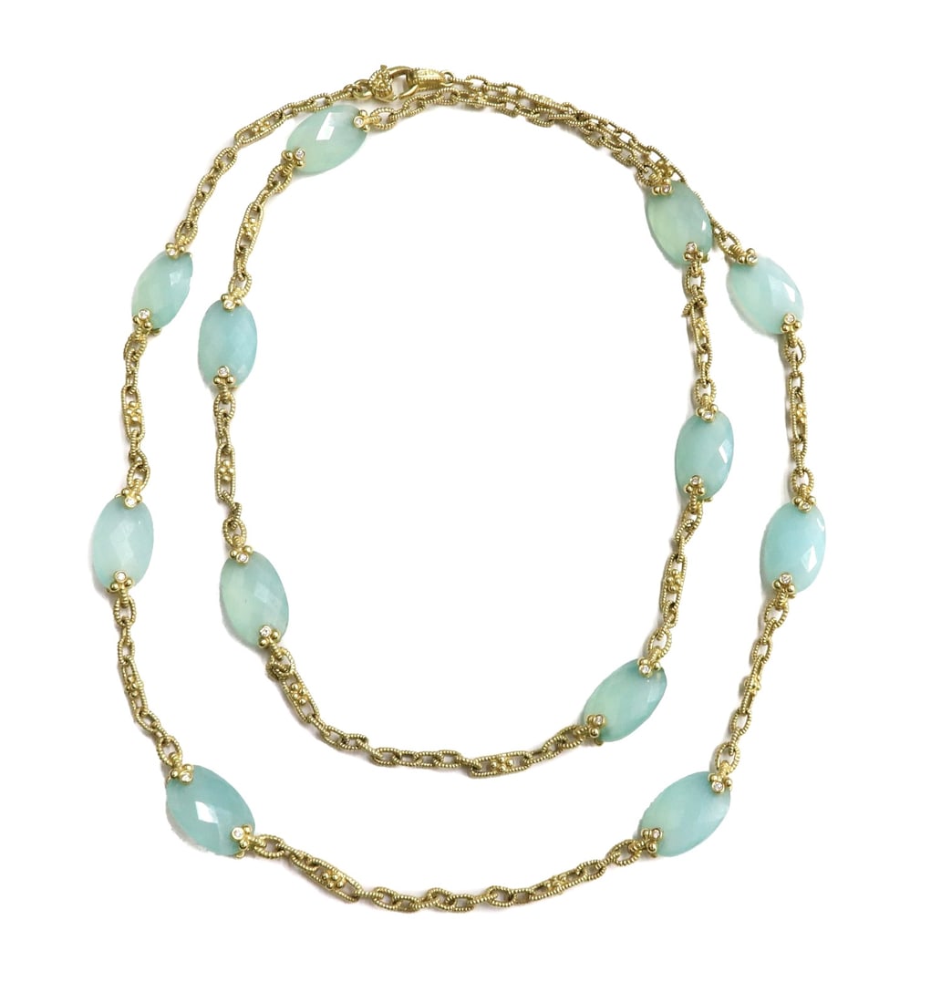 Judith Ripka 14k Yellow Gold Aqua Chalcedony and Diamond Necklace: Judith Ripka 14k yellow gold chalcedony and diamond necklace. Textured chain linked strand with 12 oval briolette-style cut milky aqua chalcedony beads. 48 round cut diamonds mounted on the chaledony 