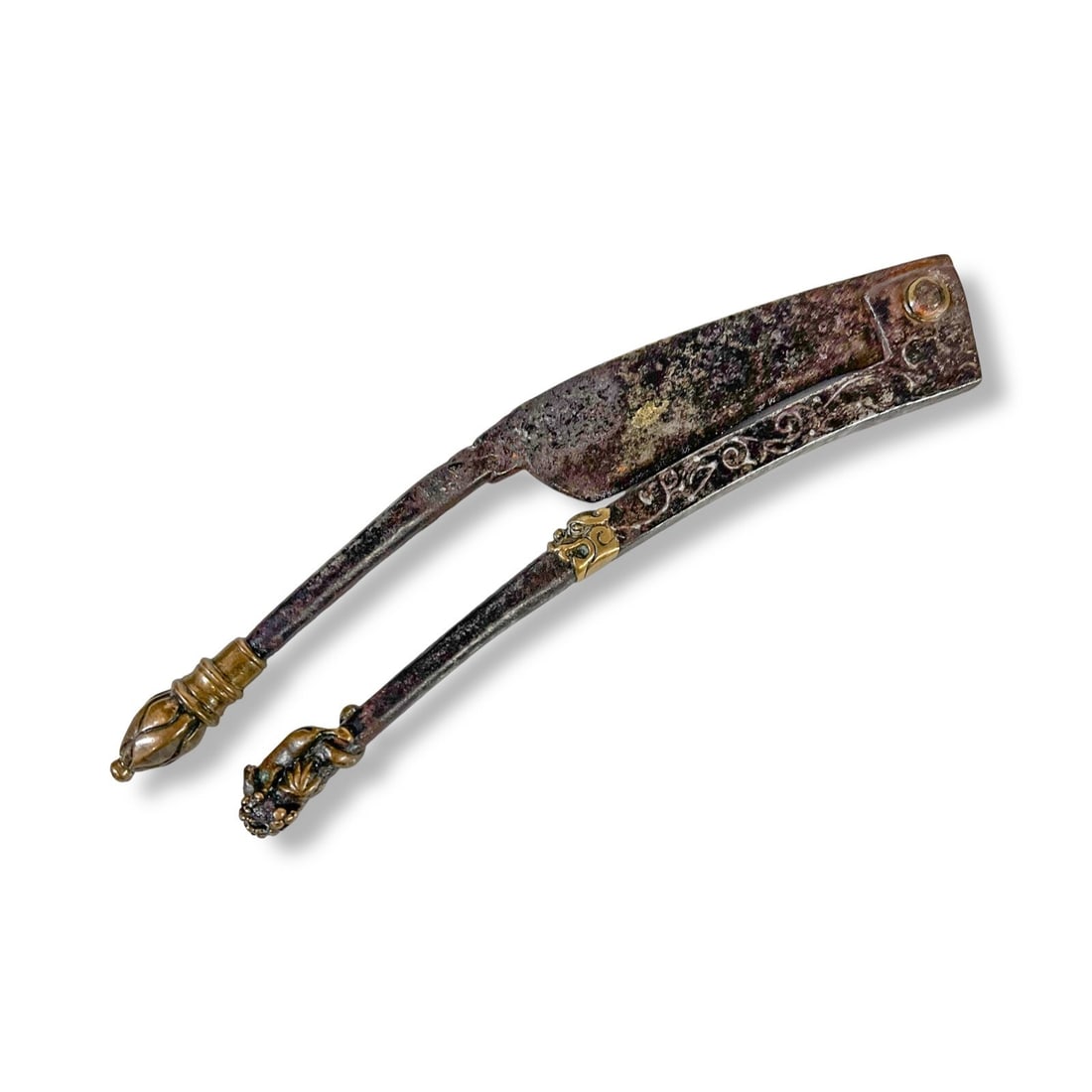 19th Century Iron and brass Areca Betel Nut cutter Sorota: 19th Century Iron and brass Areca Betel Nut cutter Sorota. Hand-forged steel with decorative brass elements, Small rat figure on the tip of one handle; a lotus bud tip and a Naga (mythical serpent) fi