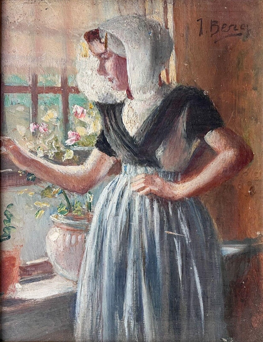 Joan Frans Berg 1853 - 1935 Oil Painting on board woman at window Zealand: Joan Frans Berg (1853 - 1935) Oil Painting on board, woman at window, Zealand, "A la fenetre, la Zelande". Signed upper right "J Berg". In wood frame. Weight: Approx. 2lb Measurements: Approx. Board 7