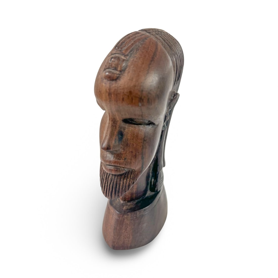 Vintage East African hand carved wood bust mid 20th century: Vintage East African hand carved wood bust, in the style of the Maasai or Samburu people of Kenya and Tanzania. Dense tropical hardwood—likely native olive wood or a lighter grain variant of African