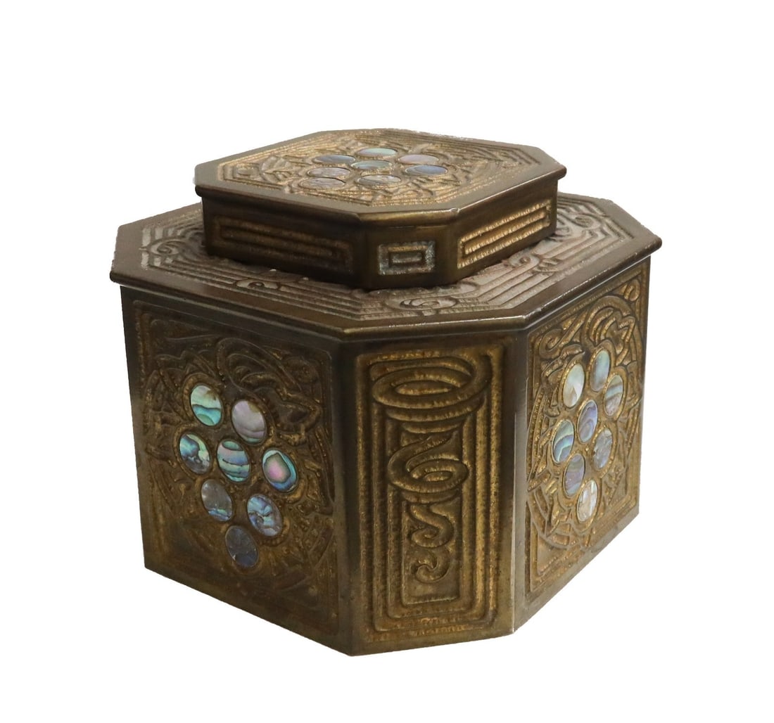 Tiffany & Co. Makers New York Bronze Inkwell in Abalone (NO BOTTOM): Tiffany & Co. Makers New York Bronze Inkwell in Abalone. Abalone pearls throughout. Missing the bottom which would have included the Tiffany & Co. signature and glass liner. Weight: Approx. 1 lbs Meas