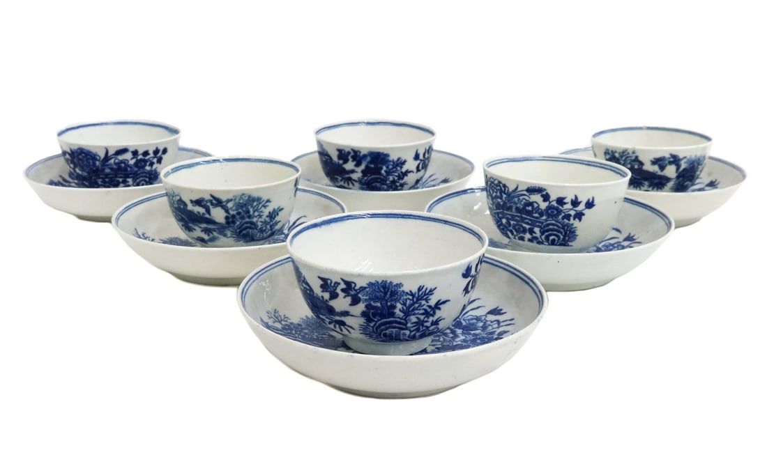 6 Royal Worcester Dr. Wall Porcelain Cup Saucers The Fence circa 1770 (1 of 6)