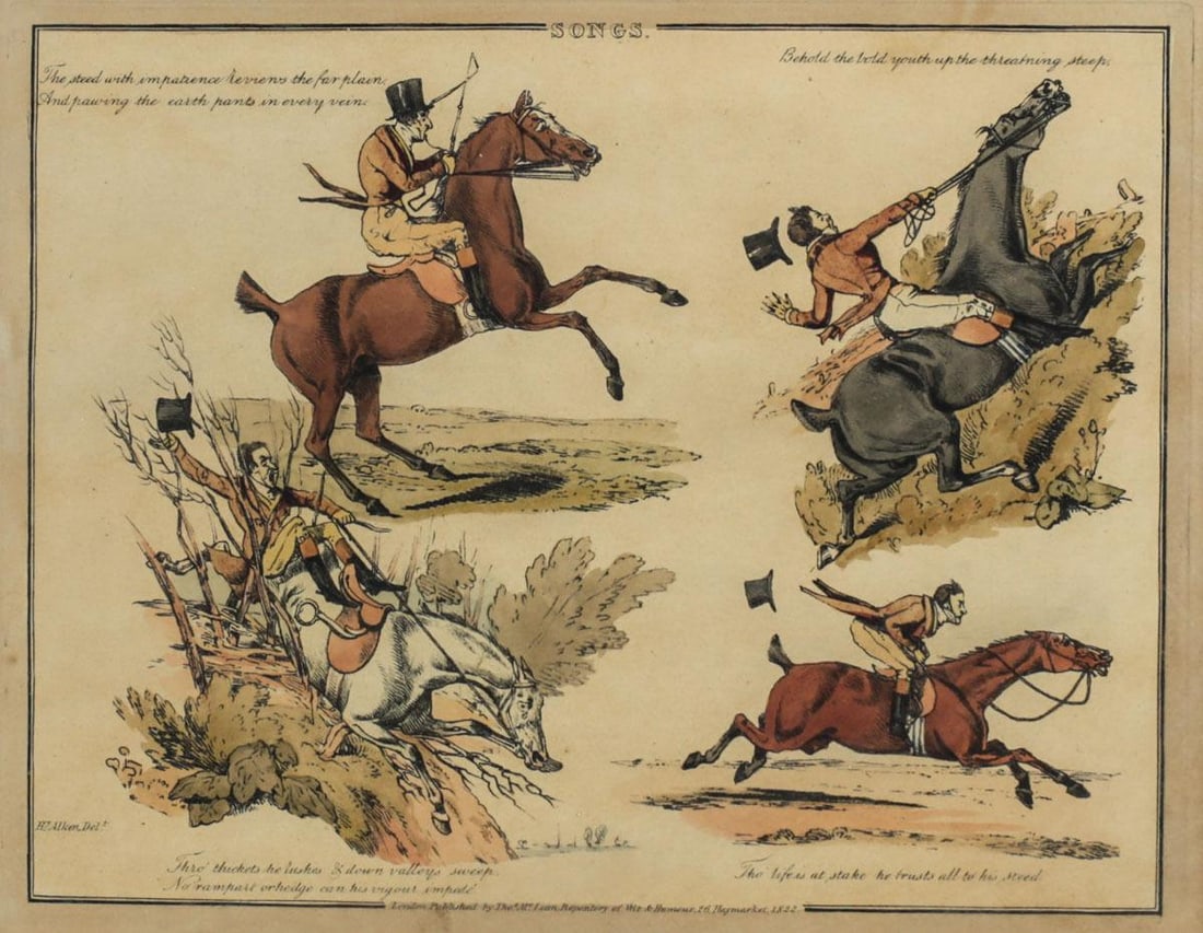 Henry Alken (British 1785-1851), Hand Colored Etching to Popular Songs: Alken, Henry (British 1785-1851), "Illustrations to Popular Songs". Published by Thomas McLean, Repository of Wit & Humor, London 1822-24. Hand-colored soft ground etchings. complete text: The steed w