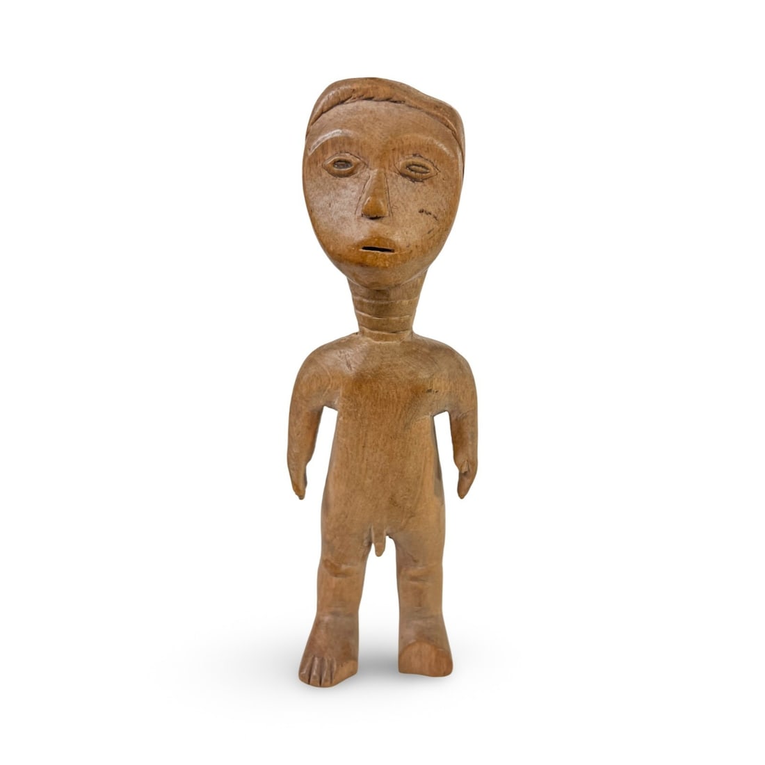African Ewe culture male Venavi doll mid 20th century: African Ewe culture male Venavi doll, mid 20th century, hand carved hardwood, Old label attached to back of the head. From the region of Ghana, Togo, and/or Benin. Measurements: Approx. 8 inches heigh
