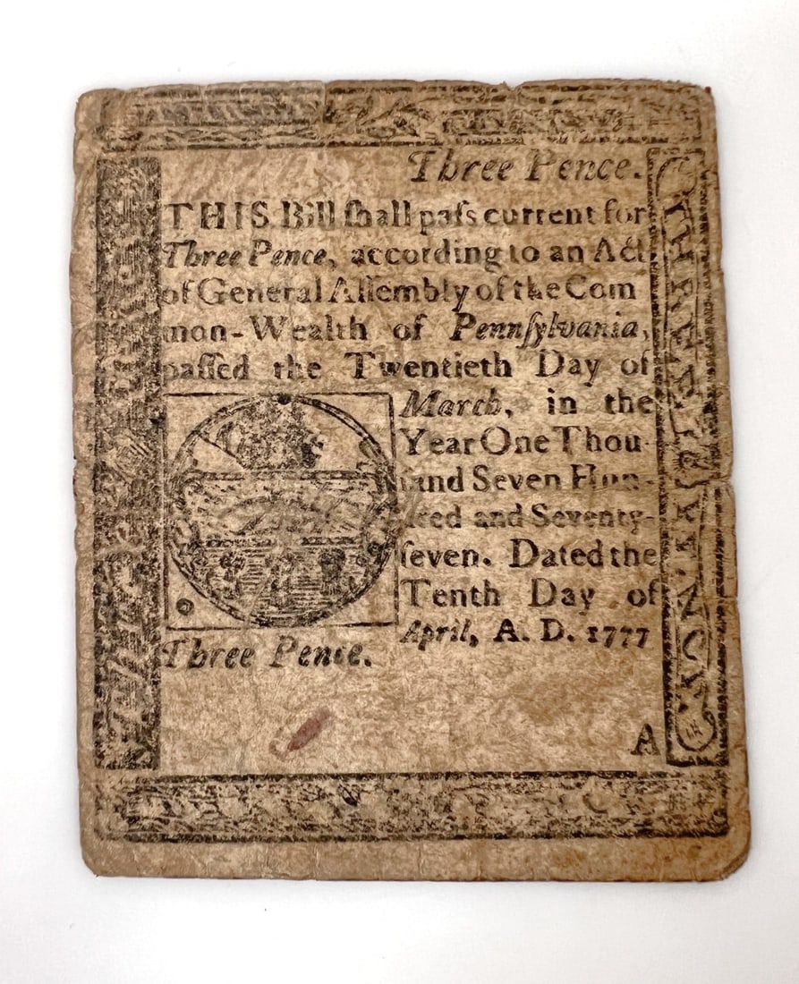 Pennsylvania Colonial 3 Three Pence Currency April 10, 1777 (1 of 2)
