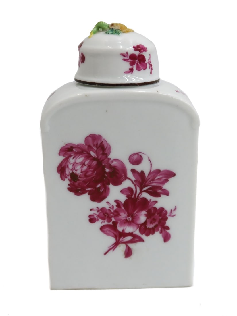 KPM Berlin Hand Painted Porcelain Tea Caddy circa 1830: KPM berlin hand painted porcelain tea caddy circa 1830. Hand painted pink flowers throughout. KPM Berlin mark to underside. Weight: Approx. 1 lbs Measurements: Approx.2.75 inches x 1.75 inches x 4.75 