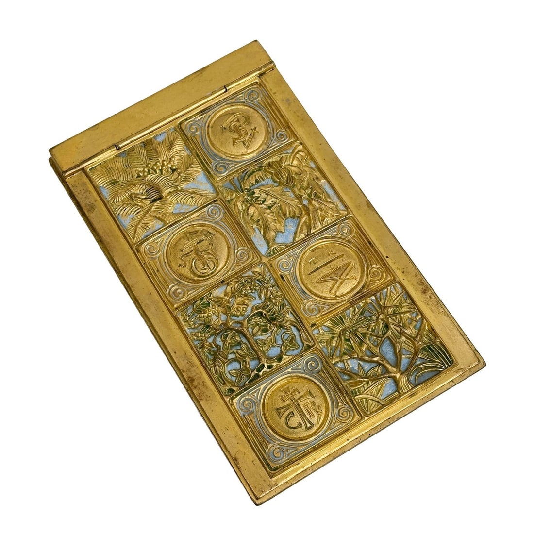 Tiffany Studios New York Gilt Bronze Enamel Notepad Holder Bookmark #1021: Tiffany Studios New York Gilt Bronze Enameled Notepad Holder #1021 in Bookmark Tree of Life. Bookmark decoration with enamel accents. Underside marked Tiffany Studios New York 1021 Weight: Approx. 2 l