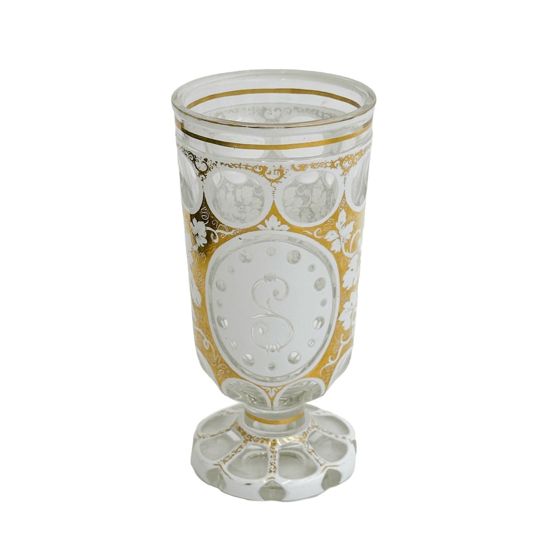Bohemian White Cut to Clear and Gilt Glass Goblet 19th century: Bohemian White Cut to Clear and Gilt Glass Goblet, 19th century. Gilt decoration to the body, monogram "S" to center. Apparently unmarked. Weight: Approx. 1 lb Measurements: Approx. 3.25 inches diamet