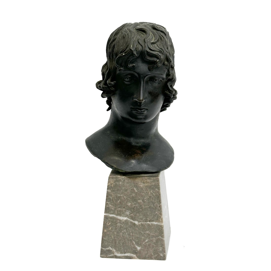 Bronze Sculpture Bust Mellephebe Young Eros Grand Tour Chiurazzi Foundry c1880: Bronze Sculpture Bust of a Man, circa 1880. Grand Tour bronze bust depicting Pseudo-Mellephebe (representing Eros as a young boy), mounted on a marble base. Apparently unmarked, attributed to the Chiu