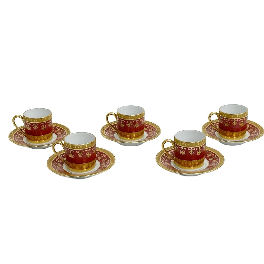 5 Raynaud Limoges France Gilt Porcelain Mocha Cup & Saucers in Eugenie Rouge: 5 Raynaud Limoges France Gilt Porcelain Mocha Moka Cup & Saucers in Eugenie Rouge. A burgundy red band with ornate gilt decoration, raised accents. Underside marked Raynaud Limoges "Eugenie"From the P