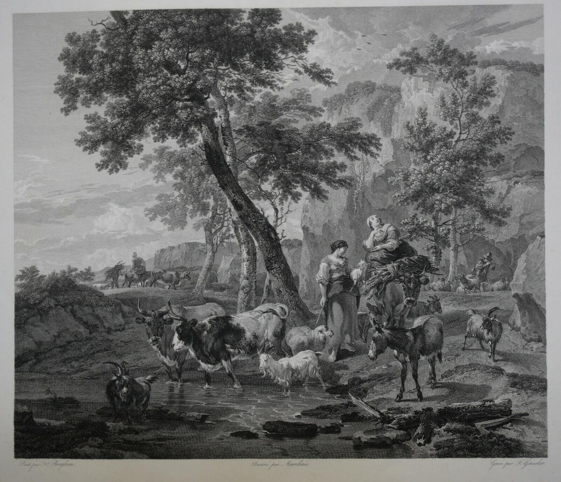 Early 19th Century Engraving Le Retour des Animaux, Berghem Marchais Geissler: Engraving on paper, Le Retour des Animaux, from the original by Nicolaes Pieterszoon Berghem/Berchem. Designer Pierre Antoine Marchais (French 1763-1859), Engraver Johann Martin Friedrich Geissler (Ge