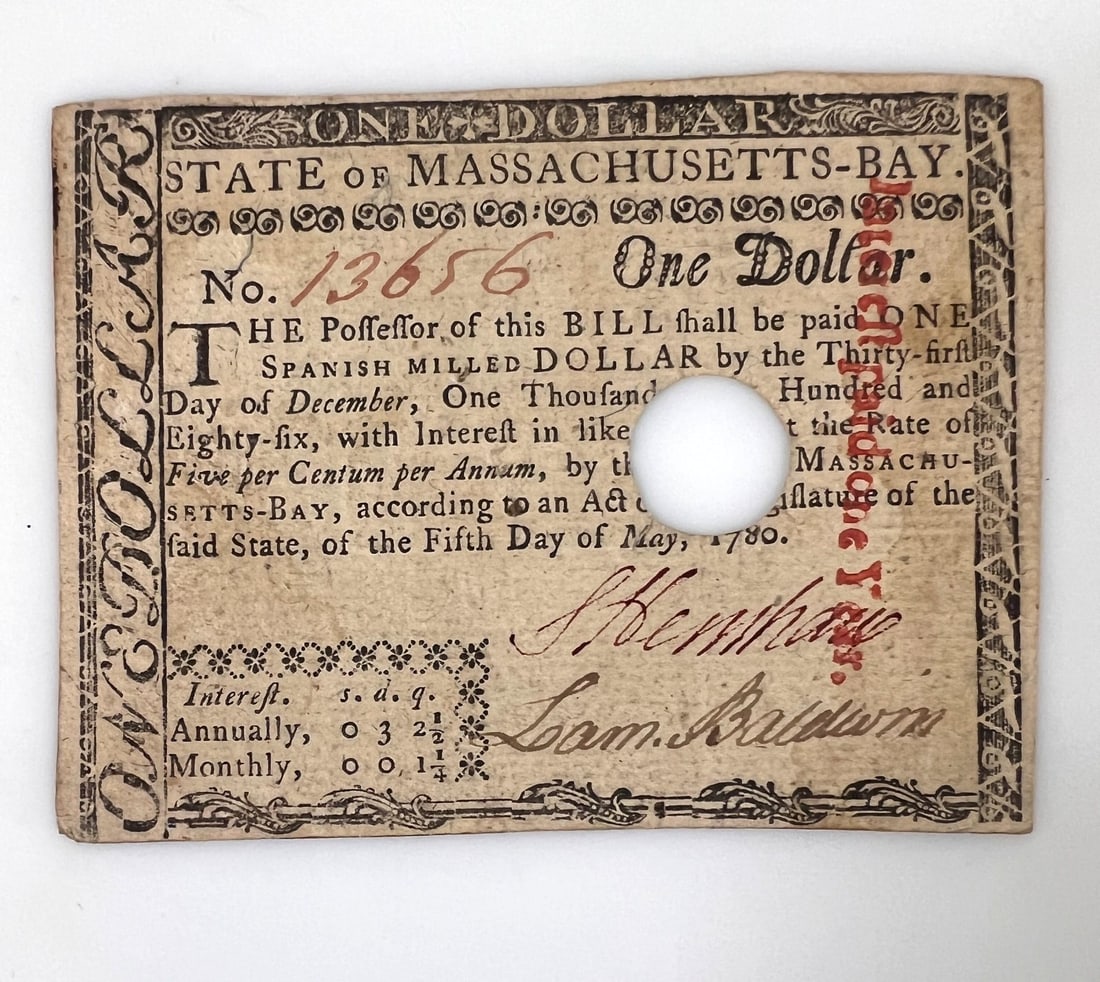 Massachusetts Bay Colonial Currency $1 One Dollar Note Cancelled: Massachusetts Bay Colonial Currency $1 One Spanish Milled Dollar Note May 5, 1780. Serial 13656. Signed S. (Samuel) Henshaw, Lam. (Loammi) Baldwin (face), Peter Boyer (reverse). Watermarked. Surcharge