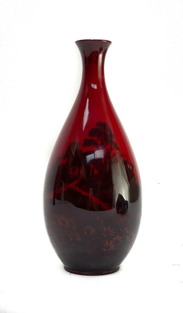 Royal Doulton England Porcelain Flambe Vase #8365, Vibrant Red, circa 1920: Royal Doulton England Porcelain Flambe Vase. Vibrant red with landscape scene. Royal Doulton mark to the underside and numbered 8365. Weight: Approx. 1 lbs Measurements: Approx. 3.5 inches diameter x 