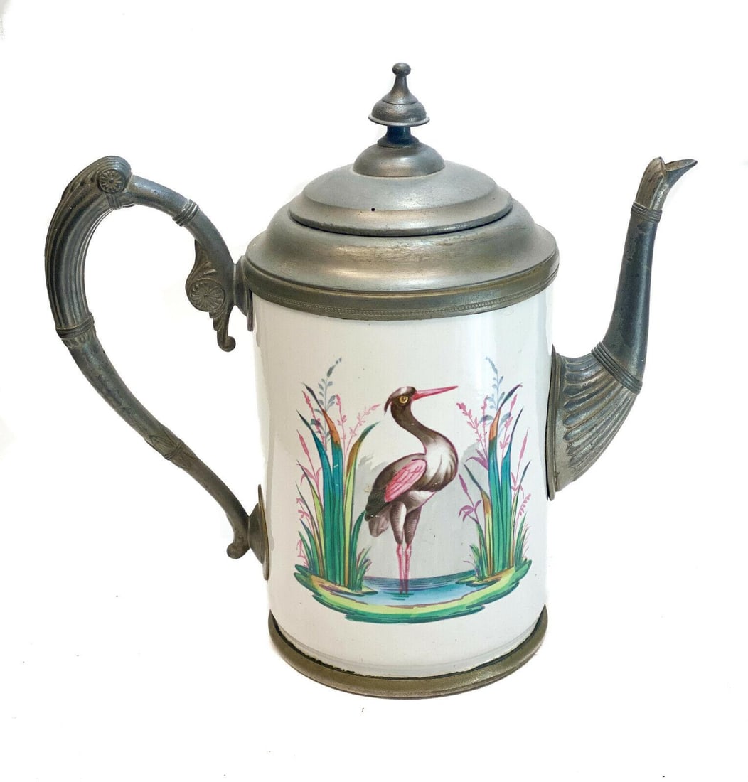 Antique Continental Enamel on Pewter Pitcher, 19th Century, Wading Birds: Antique Continental enamel on pewter pitcher, 19th Century. A wading bird, possibly a Roseate Spoonbill or Flamingo in shallow water. Weight: Approx. 5 lbs Measurements: Approx. 11.4 inches x 5.25 inc