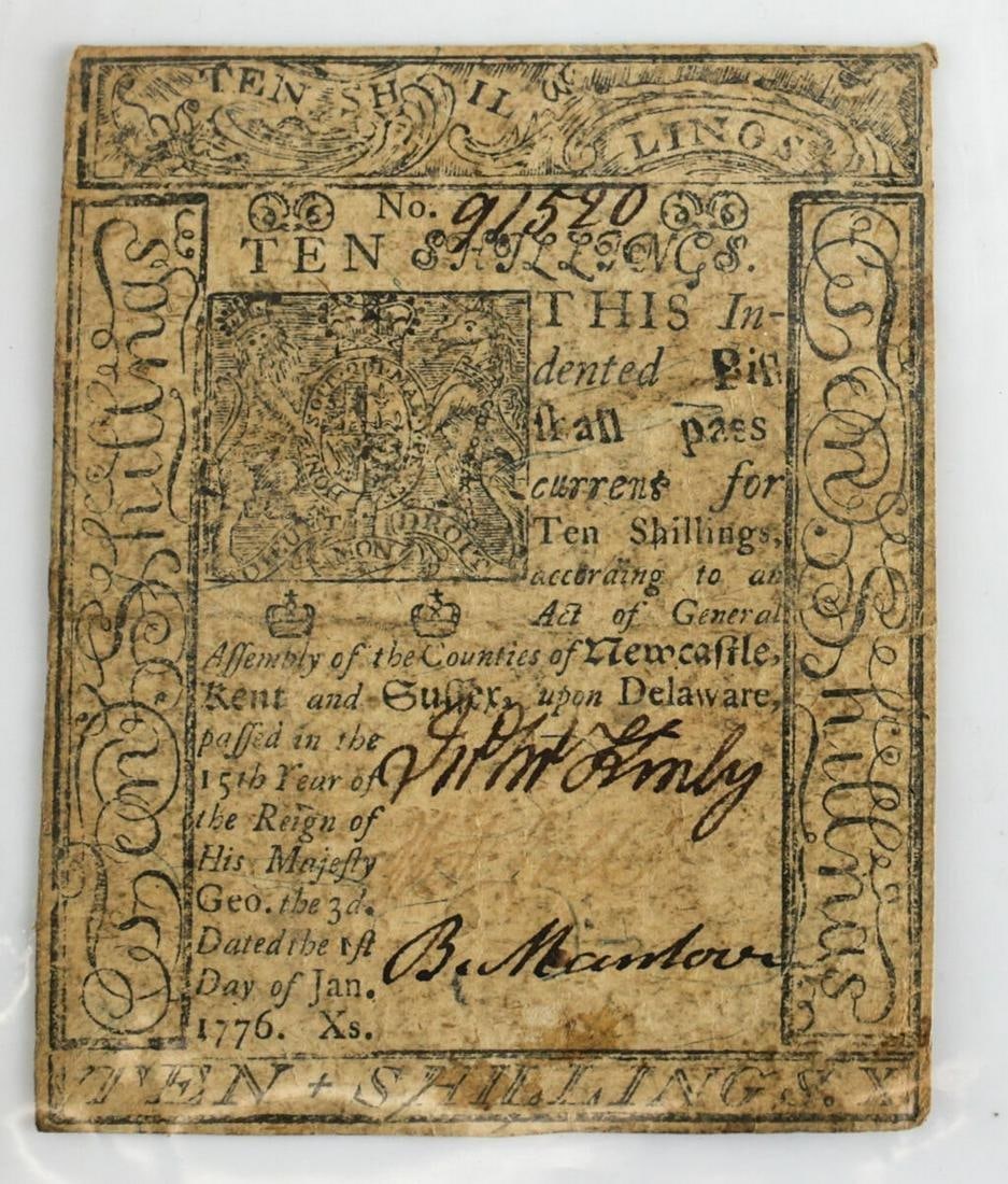 Delaware Colonial Currency 10 Ten Shillings Note January 1, 1776 (1 of 2)