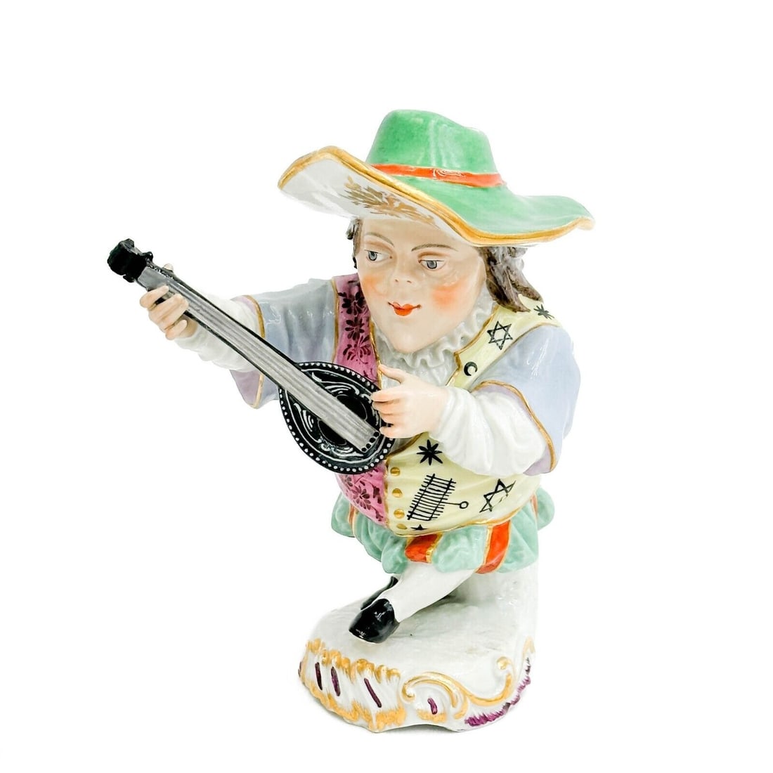 Chelsea Porcelain Hand Painted Figurine Musician Derby Mansion House Dwarf c1760: Chelsea Porcelain Hand Painted Porcelain Figurine Musician Derby Mansion House Dwarf, circa 1760. Depicts a musician in a green hat, gilt accents. Mansion House dwarf, Grotesque Punches, after engravi
