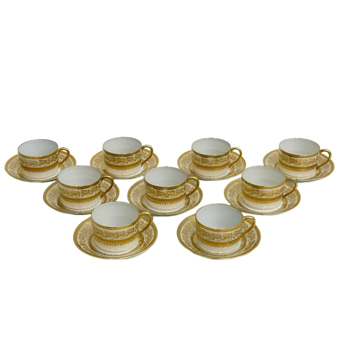 9 Ch Field Haviland Limoges Tea Cup & Saucers Incrustation Polie a l'agate: 9 CH Field Haviland Limoges Gilt Porcelain cup and saucers. A white ground with ornate floral gilt decoration to the edges. Underside marked CH Field Haviland Limoges Incrustation Double dorure polie 