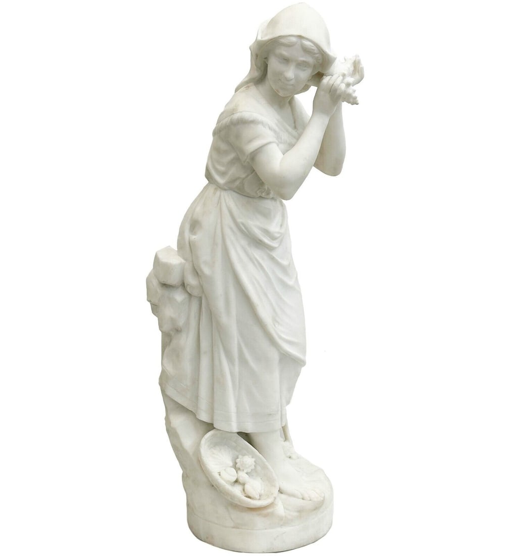 Nicolas Lecornet White Marble Sculpture Jeune fille aux coquillages Girl w Shell: Nicolas Lecornet (French, 19th Century)White Marble Carved Sculpture "Jeune fille aux coquillages." Depicts a girl holding a seashell to her ear. Signed Lecornet to the back. Weight: Approx. 70 lbs Me