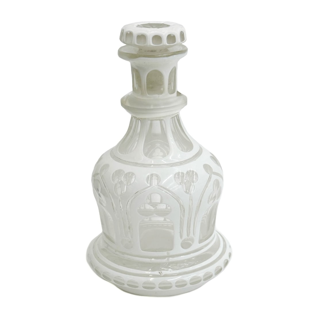 Bohemian White Cut to Clear Glass Decanter circa 1900: Bohemian White Cut to Clear and Gilt Glass Decanter, circa 1900. Apparently unmarked. Weight: Approx. 1.5 lb Measurements: Approx. 4.5 inches diameter x 8 inches tall with stopper Condition: Shelf wea