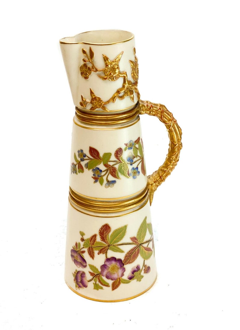 Royal Worcester Hand Painted Porcelain Ewer, 1887. Flowers and Leaves (1 of 5)