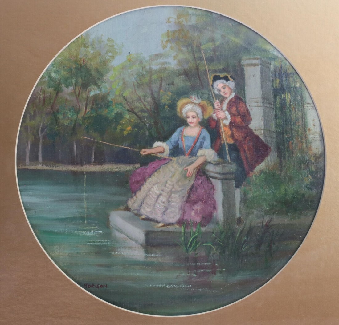 Continental Signed oil painting on round canvas 19th century or earlier, MORISON: Continental oil painting on round canvas, 19th century or earlier, Courting couple in 18th century costume, fishing at pond. Signed lower left, "P Morison" Gilt wood frame, glazed. 9lbs Measurements: 