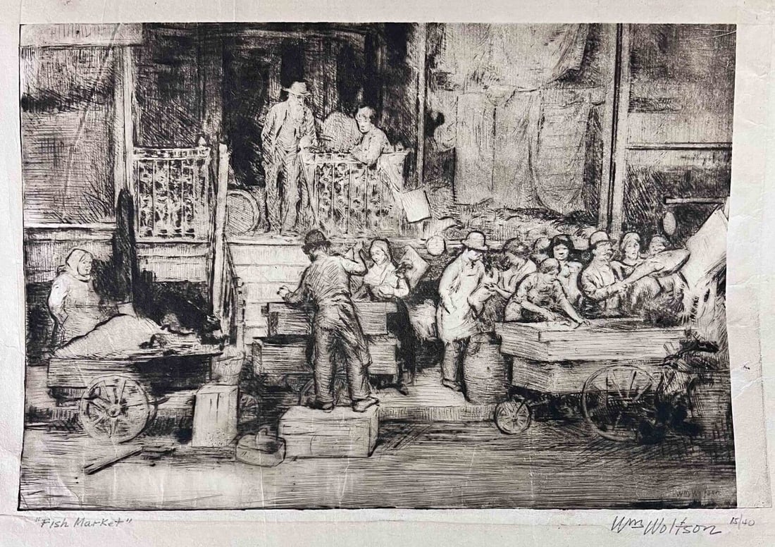 William Wolfson American 1894 - 1966 Etching Ltd Ed Fish Market Signed: William Wolfson (American / California 1894 - 1966) Etching on paper, titled 'Fish Market', bustling street scene, signed in pencil lower right in margin 'Wm Wolfson 15/40', also signed in plate lower