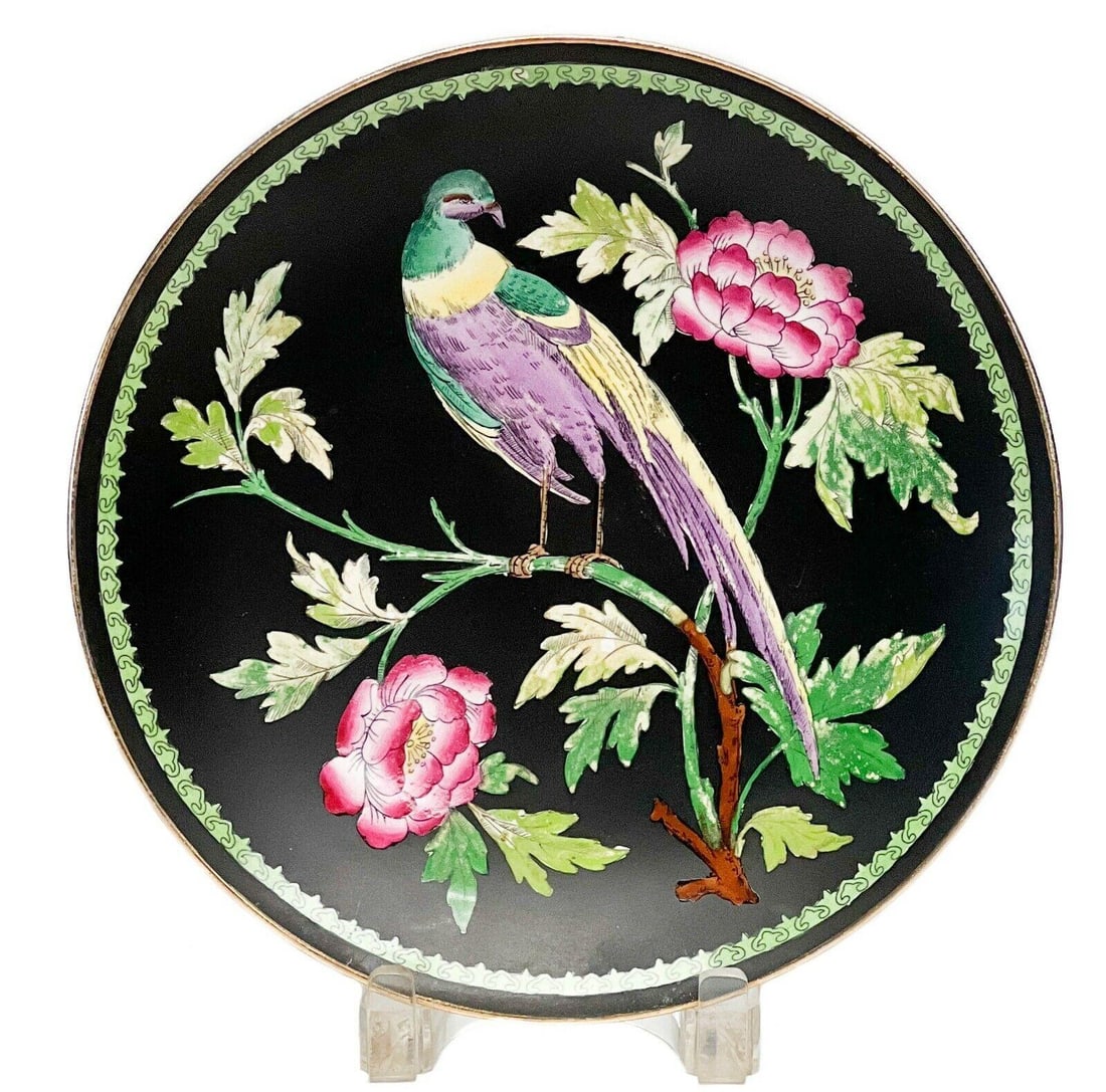 Minton England Hand Painted Porcelain Cabinet Plate Bird & Florals 1919: Minton England hand painted porcelain cabinet plate, 1919. Plate with a matte black ground with a colorful image to center depicting a bird resting on a rose branch. Gilt to the rim. Underside with Mi