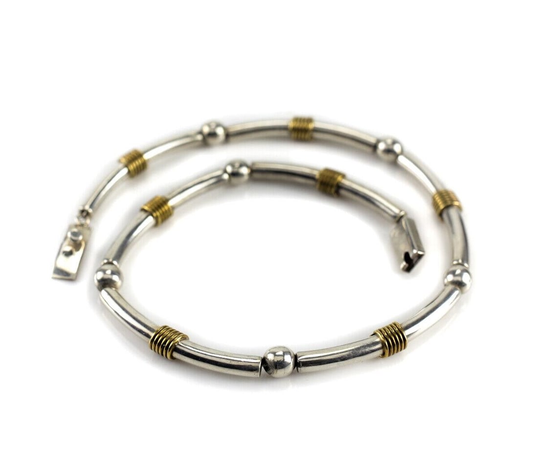 Taxco 16" Sterling Silver Gold Vermeil Modernist choker Necklace Mexico (1 of 4)