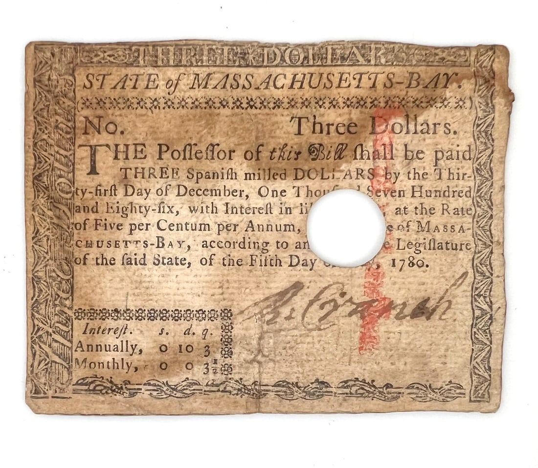 Massachusetts Bay Colonial Currency $3 THREE Dollars May 5, 1780 Cancelled: Massachusetts Bay Colonial Currency $3 THREE Spanish Milled Dollars May 5,1780. Serial number indistinct. Signed (indistinct) and R. (Richard) Cranch. Printed by Hall and Sellers. Watermarked. Punch-h