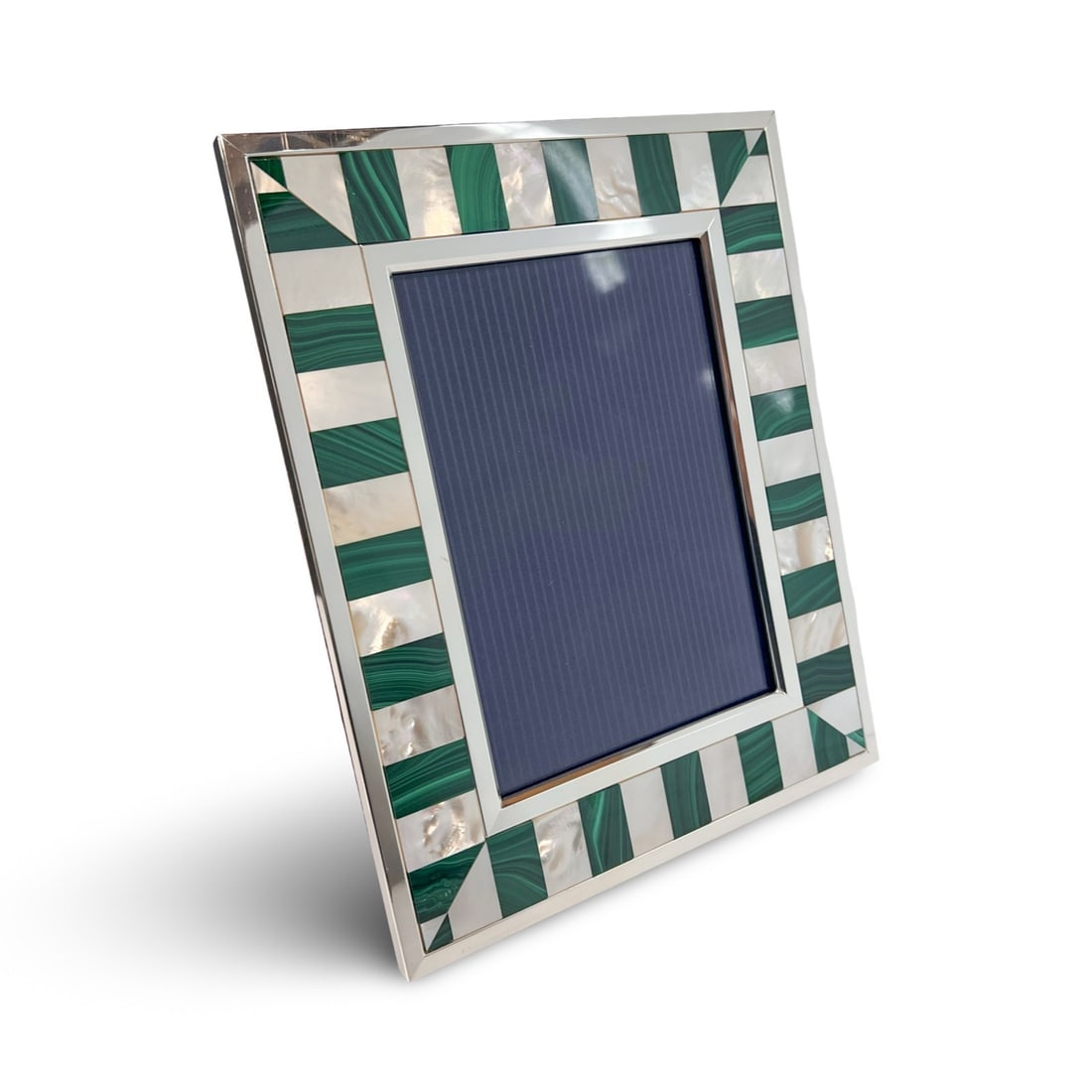 Kirk Stieff Sterling Silver Malachite Mother of Pearl Inlay Photo Frame 5x7: Vintage Kirk Stieff Sterling Silver Malachite and Mother of Pearl Inlay Photo Picture Frame for 5 x 7 photo. Wood Easel back - portrait or landscape orientation. Makers mark and marked Sterling. Measu