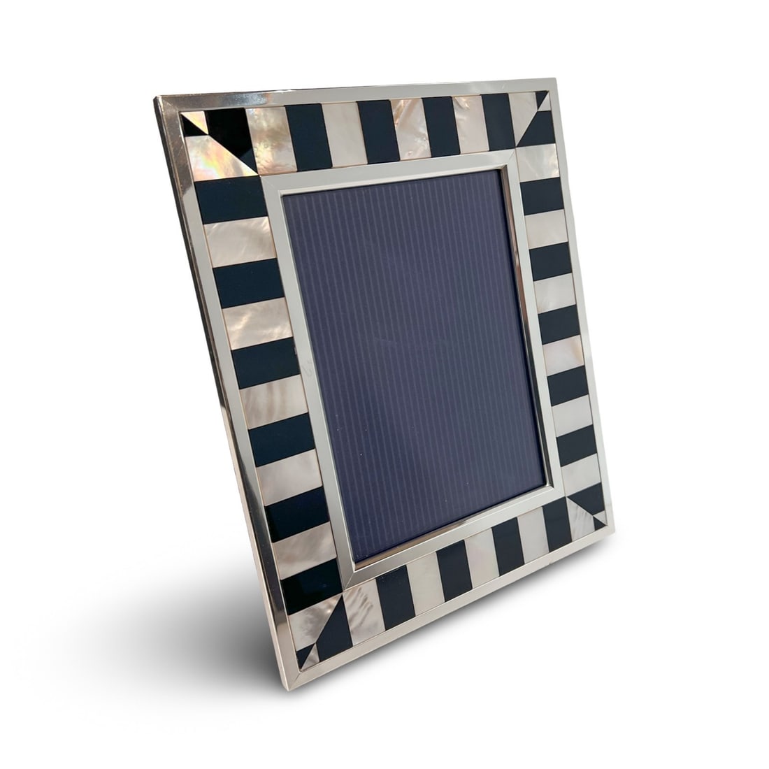 Kirk Stieff Sterling Silver Onyx Mother of Pearl Inlay Photo Frame 5x7: Vintage Kirk Stieff Sterling Silver Onyx and Mother of Pearl Photo Picture Frame. Inlaid tiles of bright MOP and onyx, set in a glossy sterling silver frame. Polished wood easel back which can be used