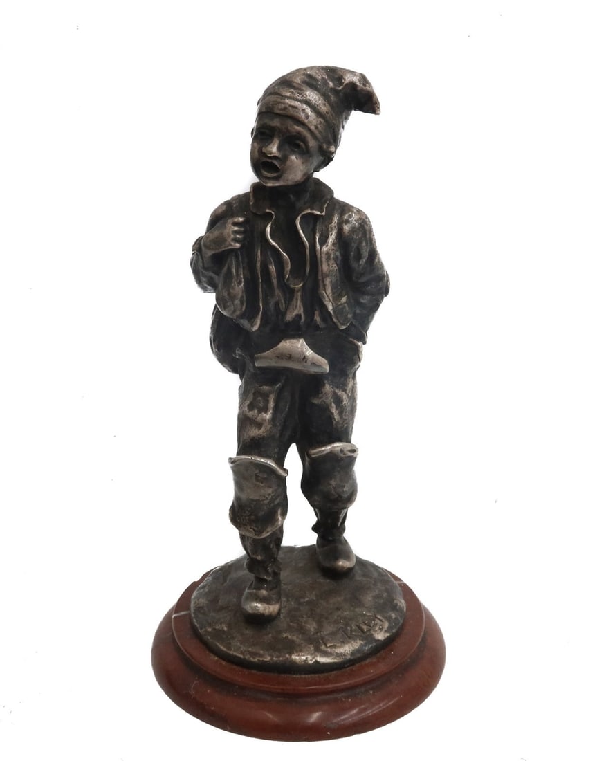 Louis Kley French Silvered Bronze Figurine of a Boy with Bag Signed c1900 (1 of 8)
