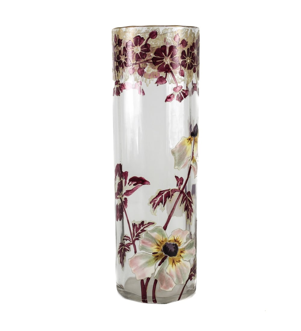 Moser 11" Art Glass Vase hand painted enamel flowers gilt Fluted pillar c1920: Stunning Moser 11inches Art Glass Vase, hand painted enamel flowers with gilt. c1920. Fluted pillar form. inchesMinches mark on base. Measurements: Approx. 11inches x 3.5inches Condition: Very good co