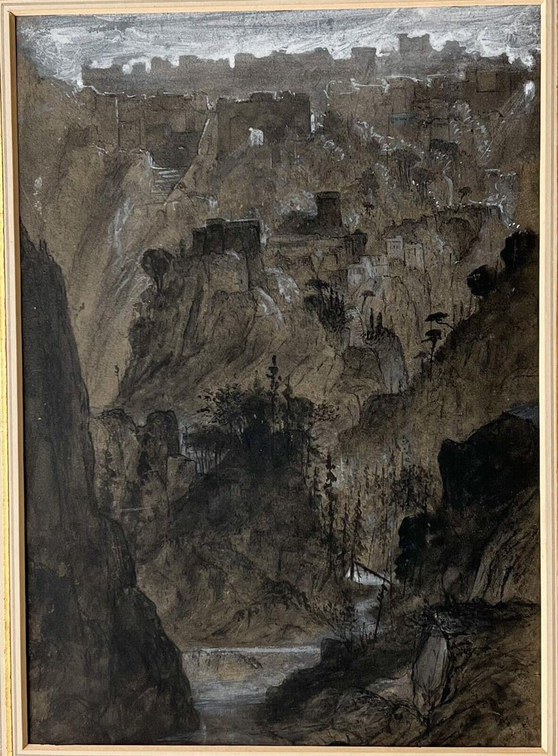 Joseph Merrin 1850-1938 Watercolor and ink painting, mountain landscape: Joseph Merrin (1850-1938) Watercolor and ink painting, mountain landscape with village. Unframed. 0.5lb (GB) Measurements: Approx. sheet 8.25 x 12.75 inches; mat 12 x 18.875 inches Condition: Painting