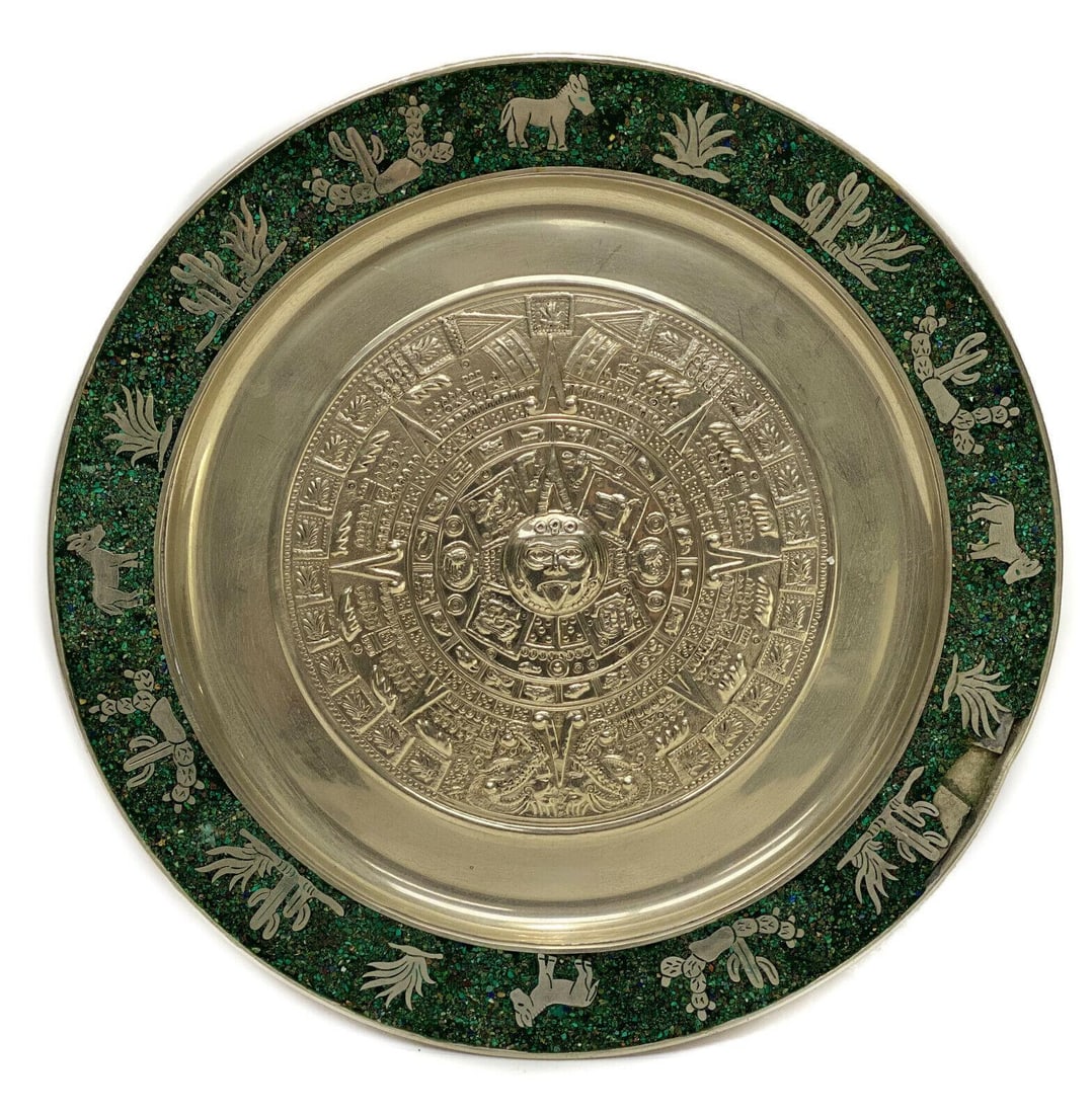 Mexico Alpaca Metal and Malachite Stone Aztec Calendar Round Plate (1 of 6)