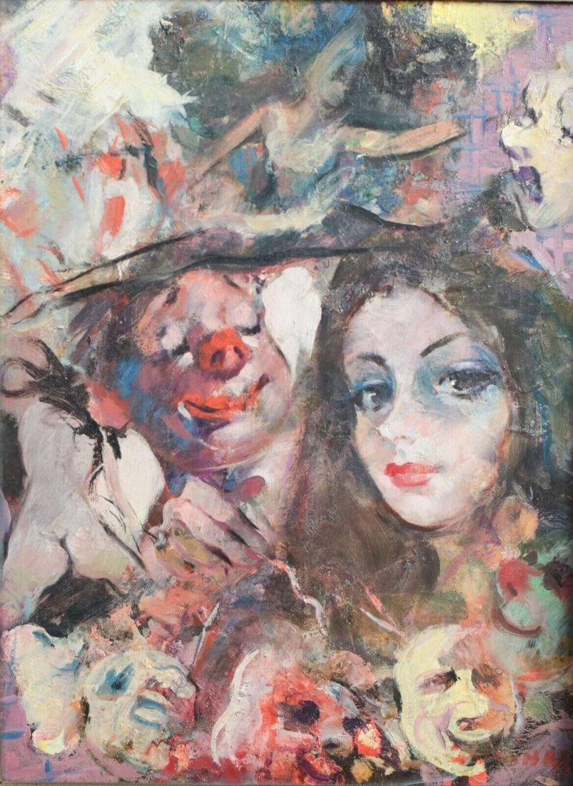 Signed Expressionistic Oil Painting on Masonite board, Woman with clowns c1950: Expressionistic Oil Painting on masonite board, Woman with clowns, c1950, signed lower right indistinct. Wood frame. 7 lb Measurements: Approx. Painting 9 x 12.25 inches; frame 19 x 22 inches Conditio