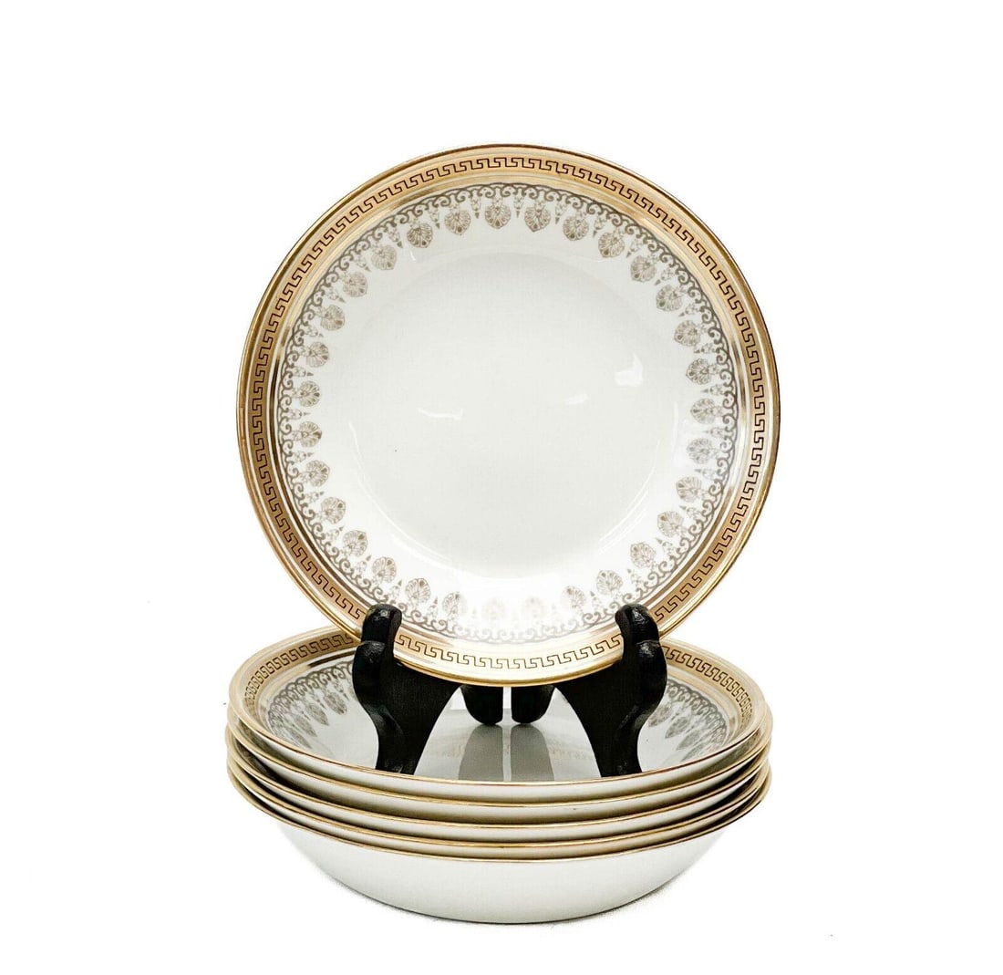6 Cauldon England Gilt Porcelain Berry Bowls Florals Greek Key: 6 Cauldon England gilt porcelain berry bowls. Gilt accents with a greek key motif to the rim and a grey floral pattern to the inner edge. Underside with Cauldon and retailer's marks, one with Brown We